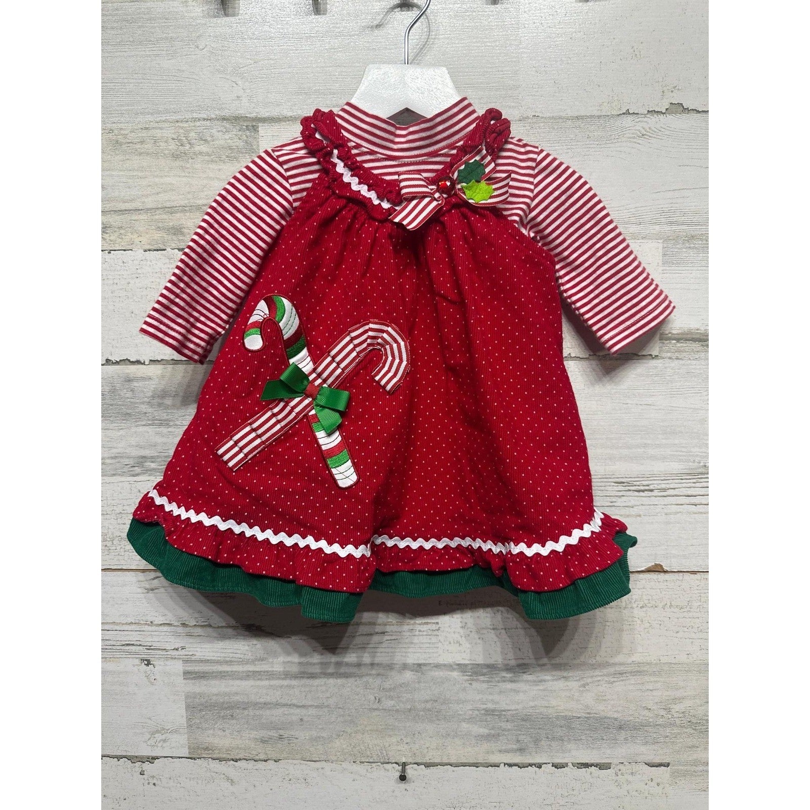 Candy Cane Dress Baby Girls 9M Red Holiday Ric Rac Corduroy EUC0