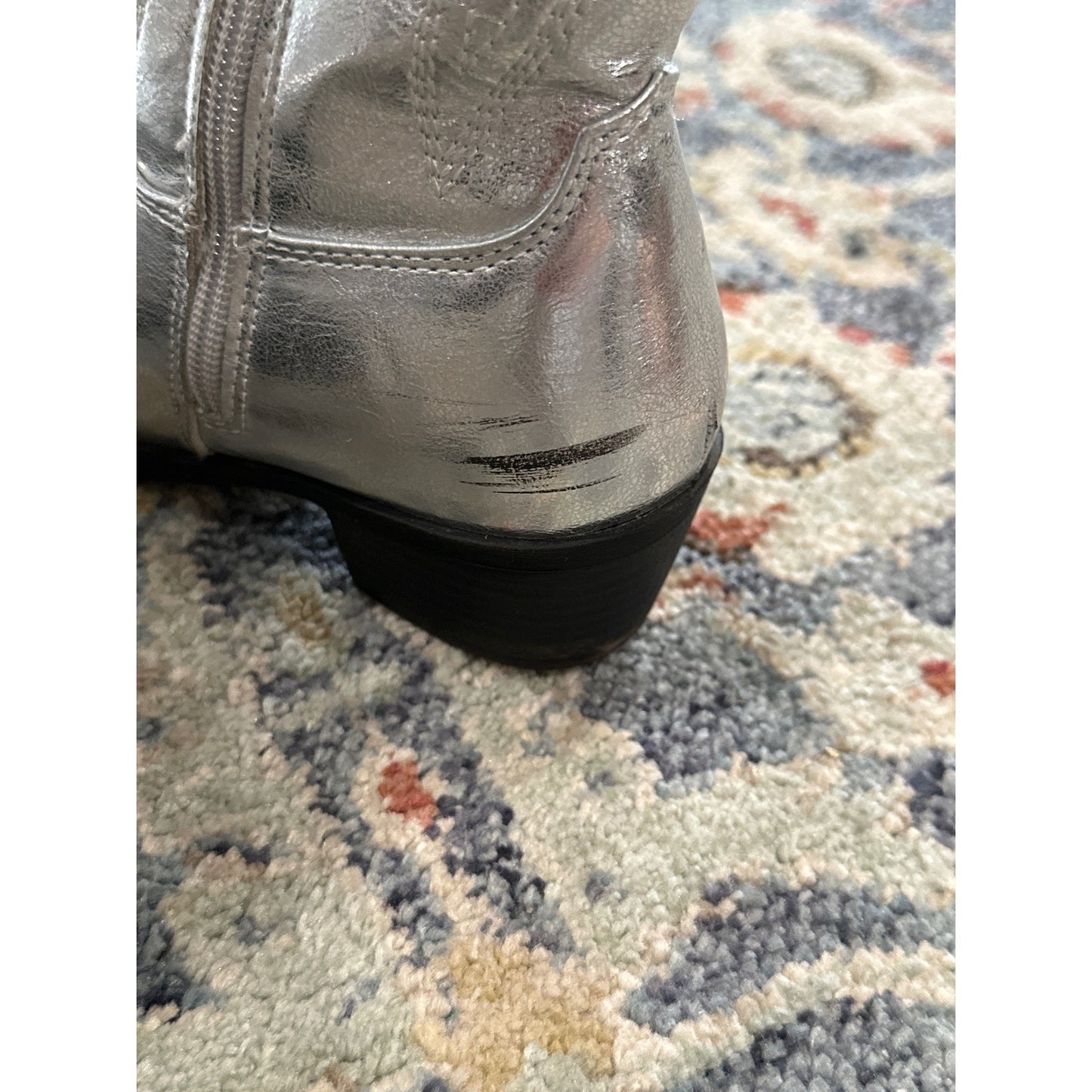 Silver Western Cowboy Boots Girls 3 Metallic Embroidered Pull On GUC5