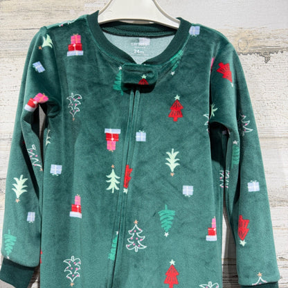 Carter's Footed Sleeper Kids 24M Green Christmas Tree Fleece Holiday EUC1