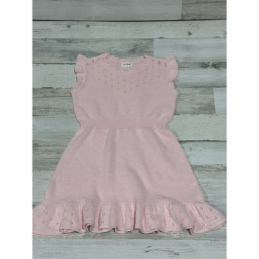 Cat & Jack Sweater Dress Girls S 6/7 Pink Ruffle Pointelle Knit EUC0