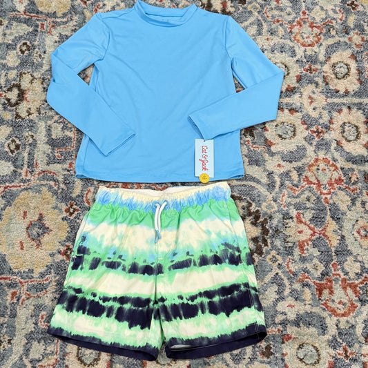 Cat & Jack Swim Set Boys S 6/7 Blue Green Tie Dye Rash Guard Trunks EUC NWT0