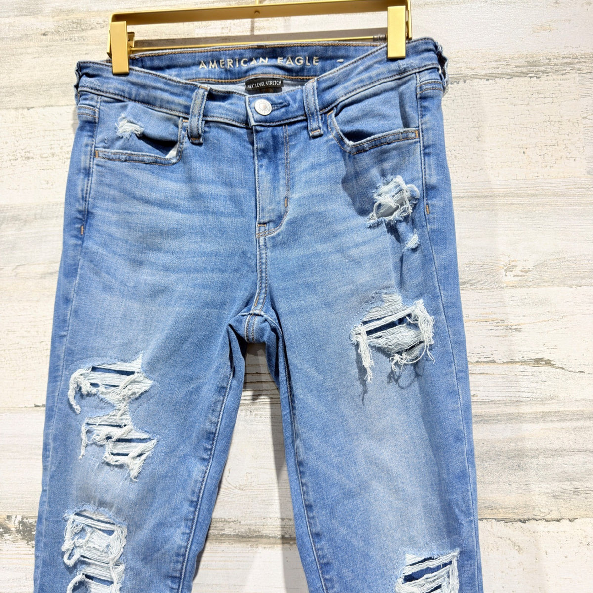 American Eagle Next Level Stretch Jegging Women 4 Long Blue Distressed Denim2
