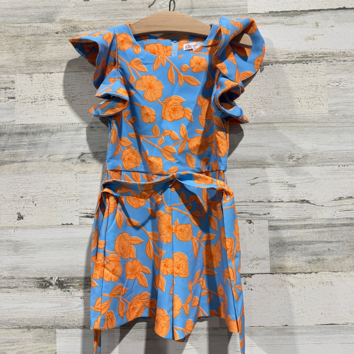 GB Girls Floral Ruffle Romper Kids Size 6 Blue Orange Spandex Modern EUC0