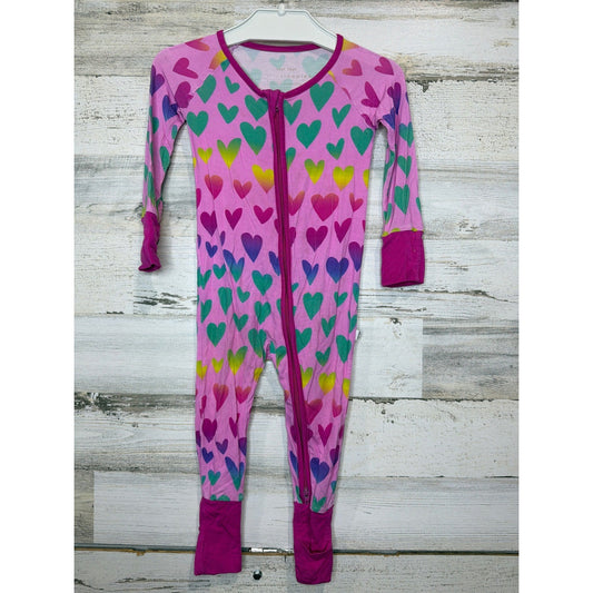 Little Sleepies Zippy Pajamas Girls 6-12M Pink Rainbow Heart Bamboo *Flawed0