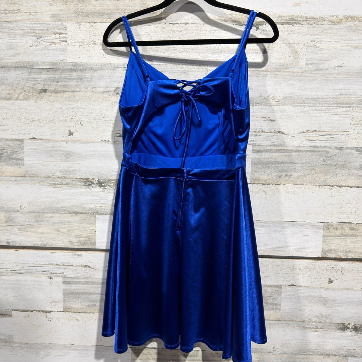 City Studio Lace Up Back Fit & Flare Dress Women 17 Royal Blue Satin Flawed*4