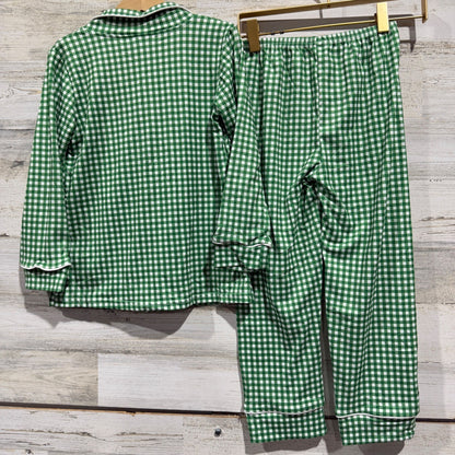 Boutique Pajama Set Kids 6-7 Green Gingham Santa Holiday Christmas NWOT4