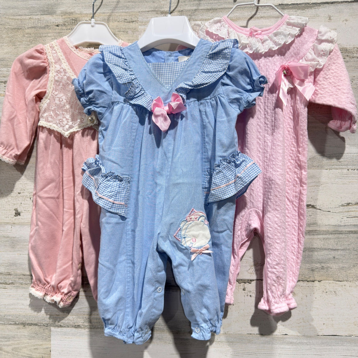 Vintage Romper Bundle Girls 6-9 Months Pink Blue Peach Lace Ruffle Retro GUC0