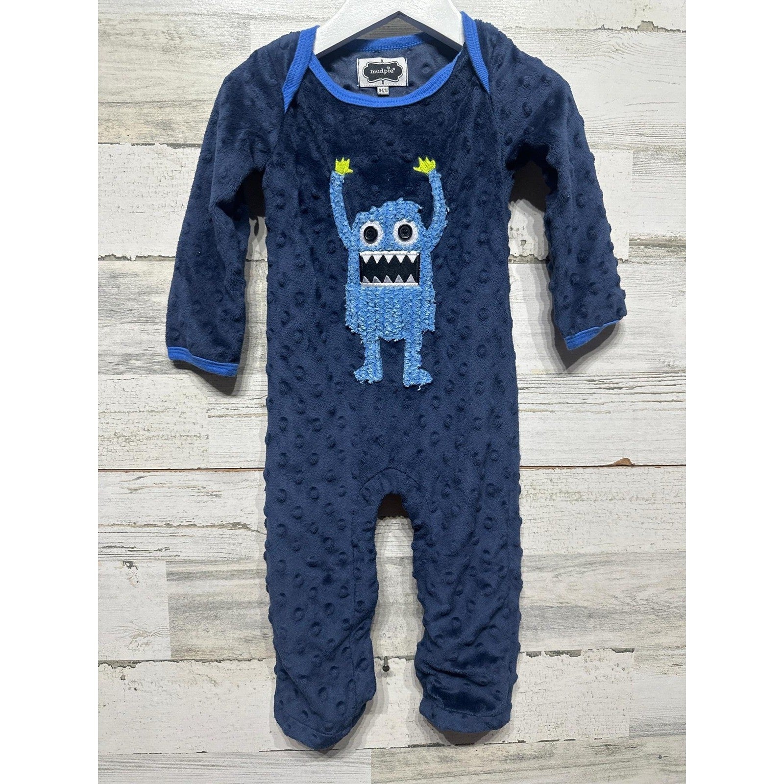 Mud Pie Monster Romper Boys 9-12M Navy Blue Minky Dot Fuzzy Applique EUC0