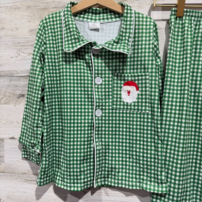 Boutique Pajama Set Kids 6-7 Green Gingham Santa Holiday Christmas NWOT1