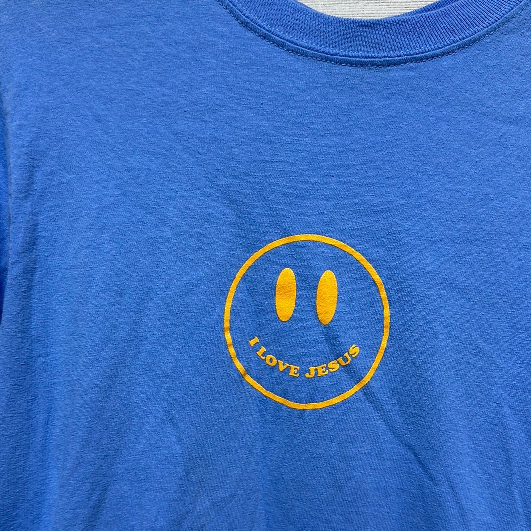 Long Sleeve Shirt Women Small Blue I Love Jesus Smiley Face Indie Religious EUC1