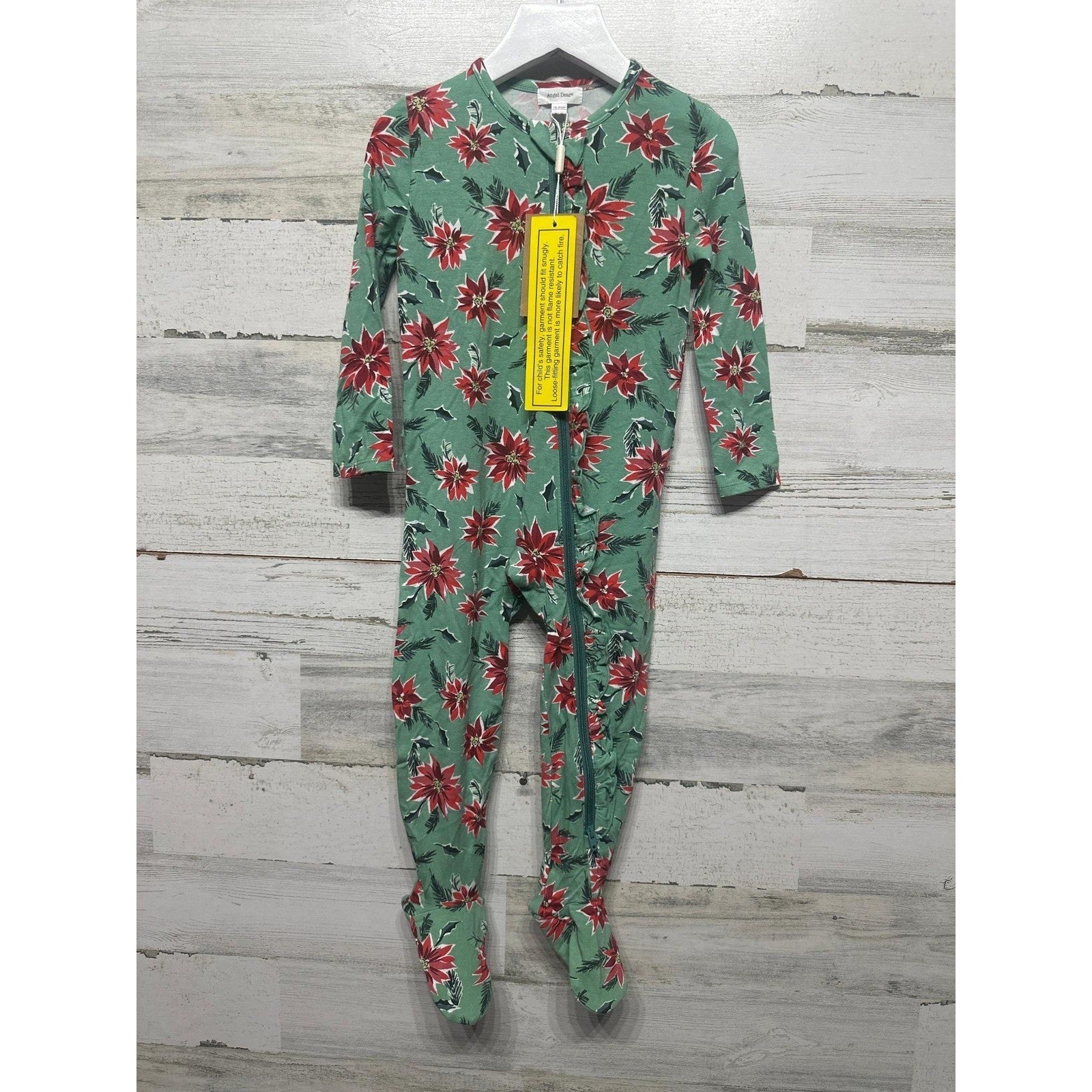 Angel Dear Footie Pajamas Toddler 18-24M Green Poinsettia Ruffle Zip NWT0