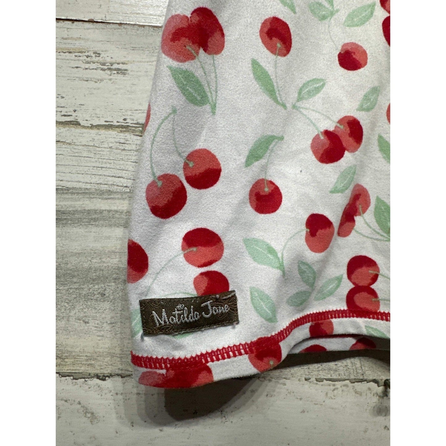Matilda Jane T-Shirt Girls Size 10 White Red Cherry Print Gingham Cuffs EUC2