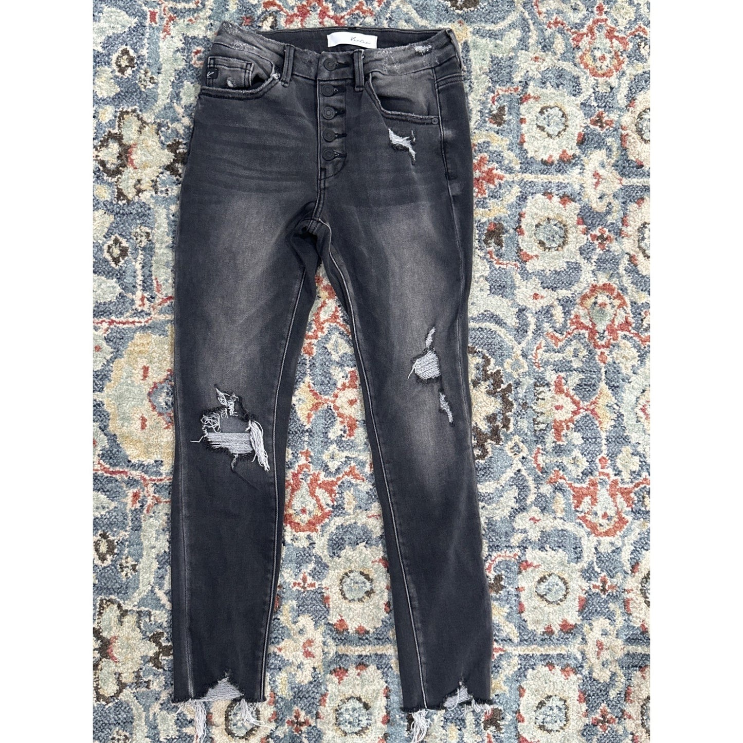 Kancan Skinny Jeans Women 3/25 Black Distressed Button Fly Raw Hem0