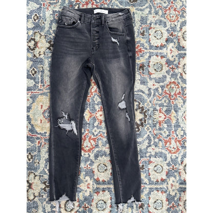 Kancan Skinny Jeans Women 3/25 Black Distressed Button Fly Raw Hem0