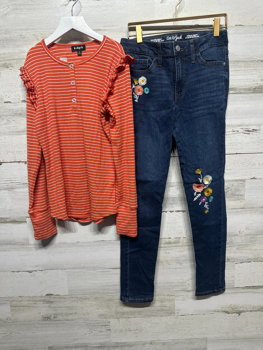 Kidpik Cat & Jack Outfit Set Girls 12 Large Orange Striped Ruffle Floral Jeans0