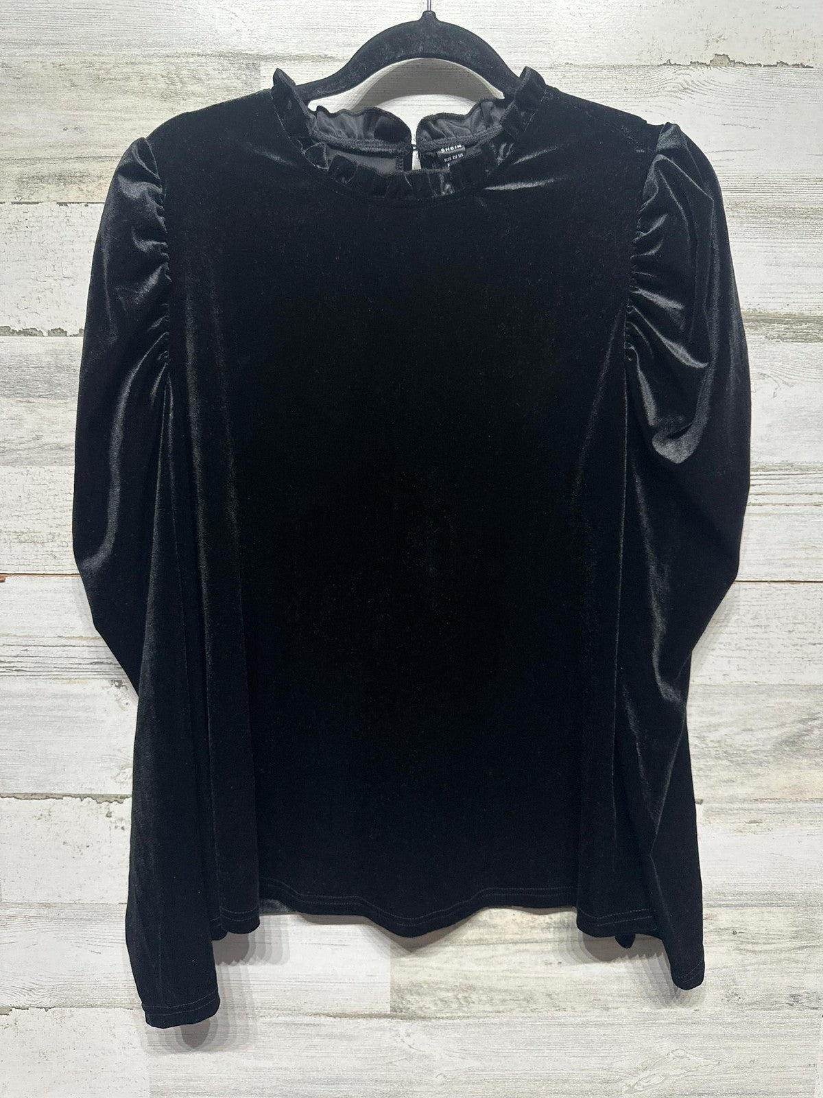 Velvet Puff Sleeve Top Womens XL Black Ruffle Mock Neck Goth Dark Romance EUC0