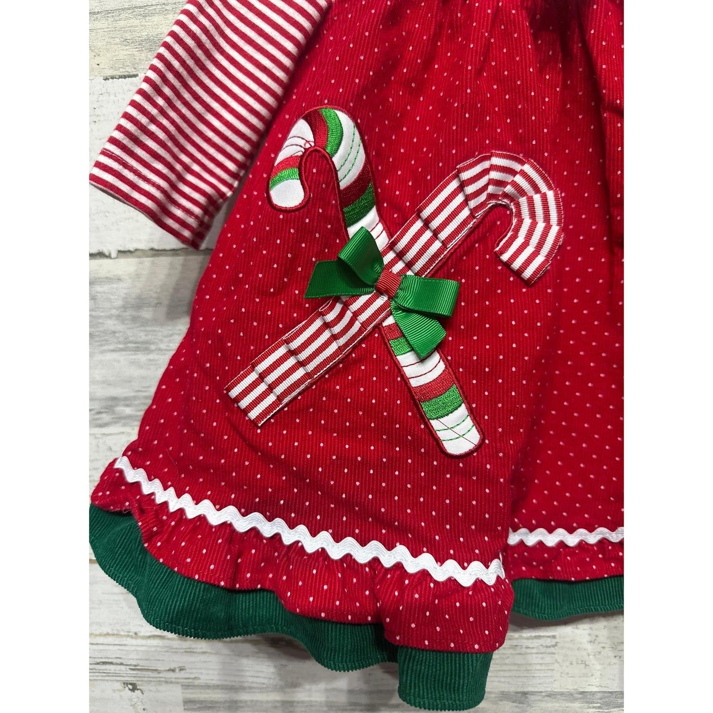 Candy Cane Dress Baby Girls 9M Red Holiday Ric Rac Corduroy EUC1