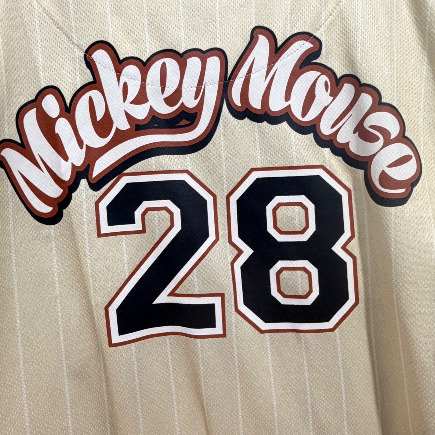 Disney Baseball Jersey Boys 6/7 Cream Pinstripe Mickey Mouse Sporty EUC4