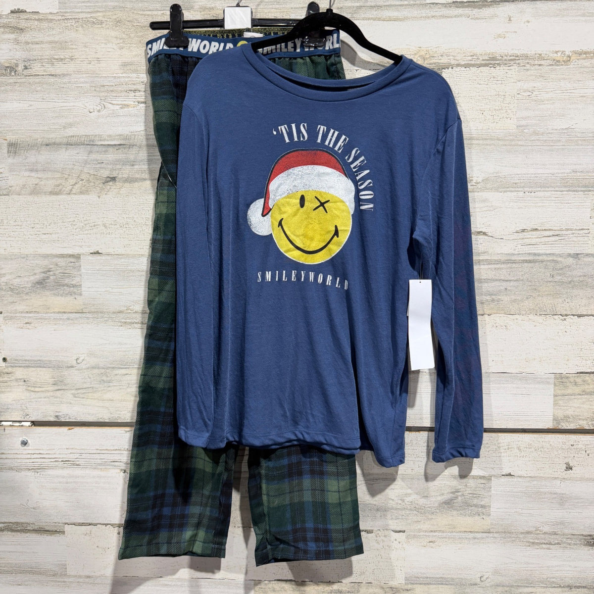 SmileyWorld Tis The Season Pajama Set Kids Size 14 Blue Plaid Holiday NWT0