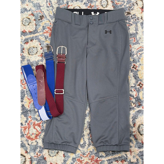 Under Armour Softball Pants Women XS Gray 2 Belts Bundle Athletic Sport EUC0