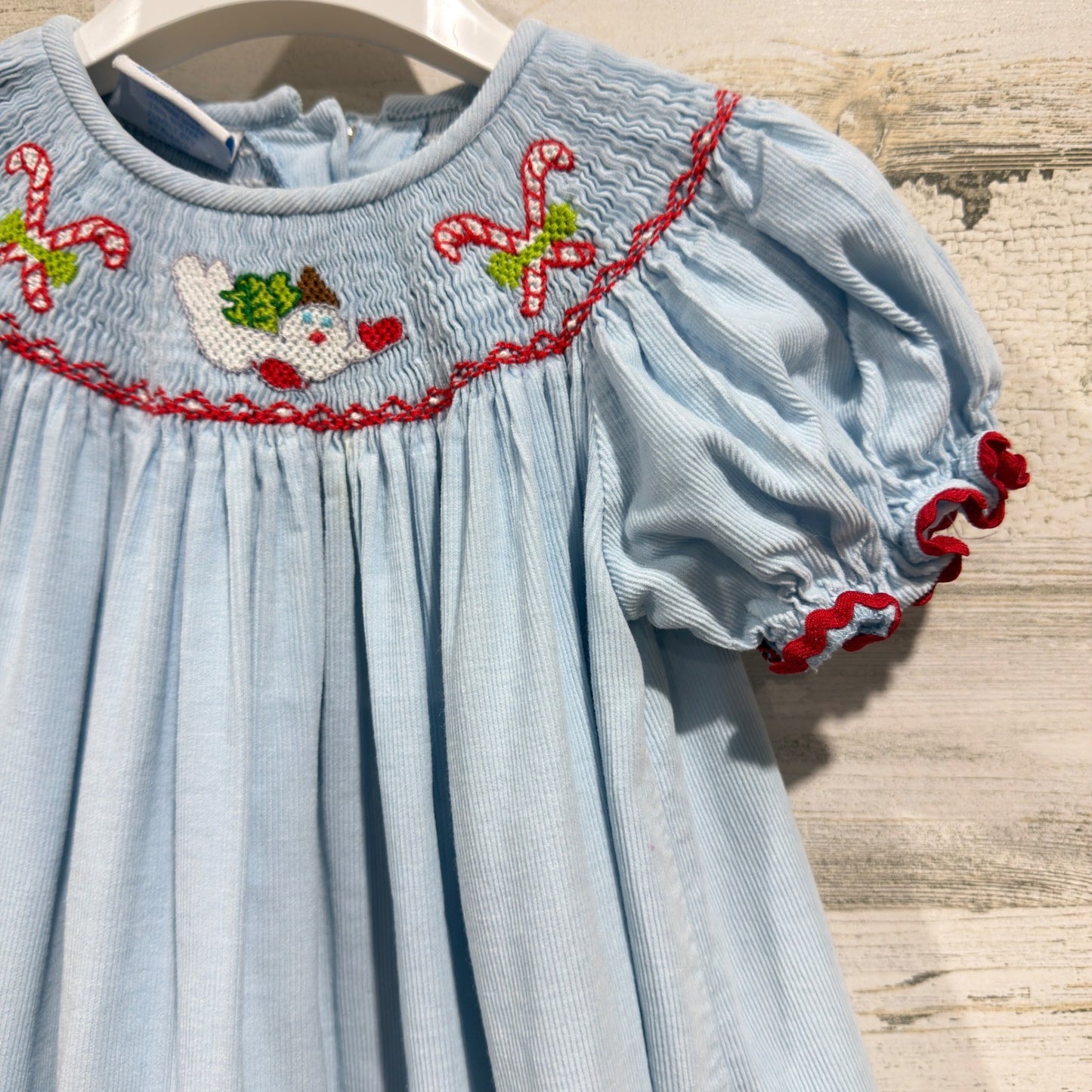 Smocktions Smocked Dress 2T Blue Corduroy Snowman Christmas Holiday *Flawed1