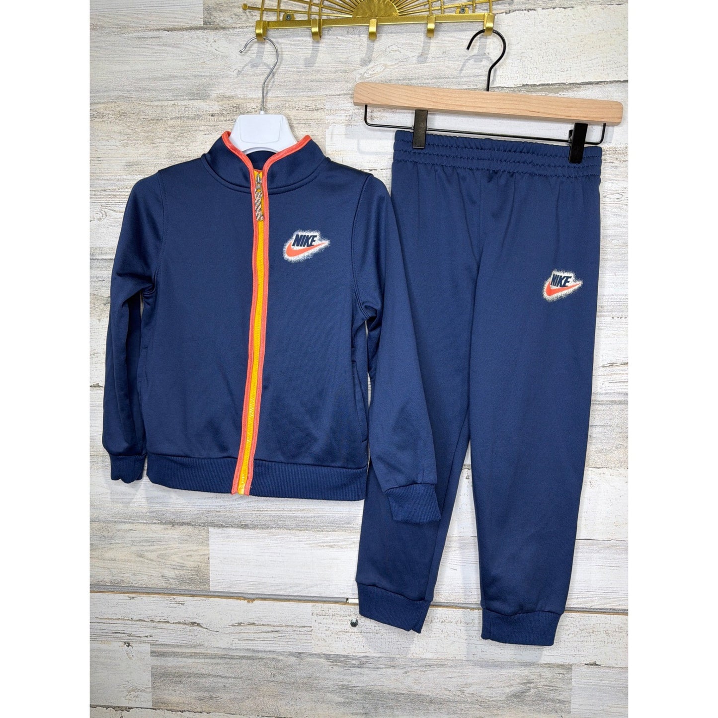 Nike Tracksuit Set Boys Size 7 Navy Blue Orange Zip Up Jacket Joggers0