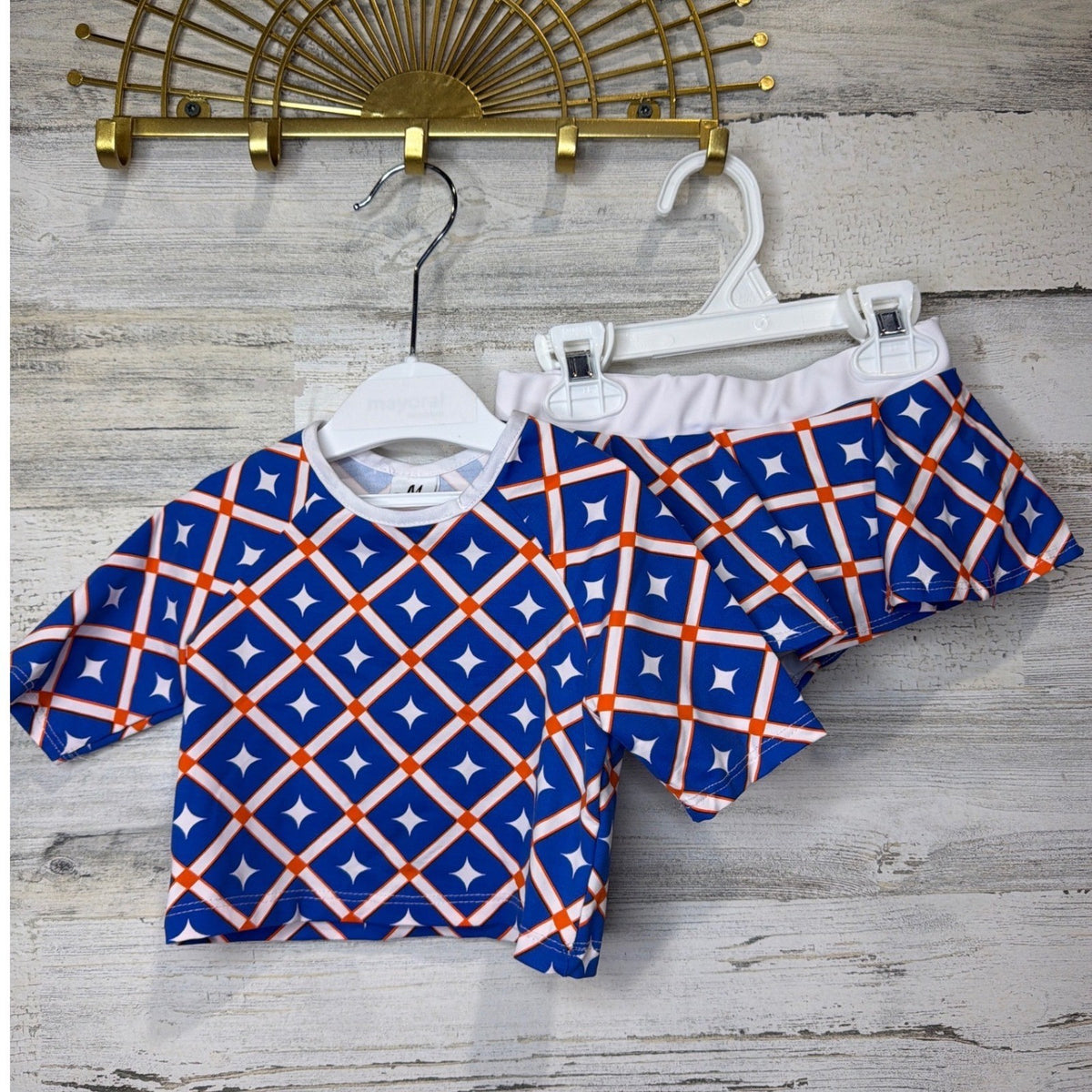 Mia Belle Swimsuit Girls 4T/5Y Blue Orange Geometric Rash Guard Skirt Set EUC0