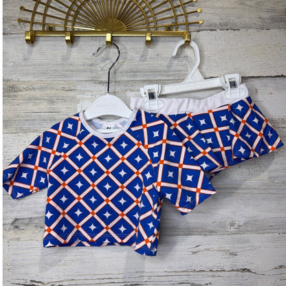 Mia Belle Swimsuit Girls 4T/5Y Blue Orange Geometric Rash Guard Skirt Set EUC0