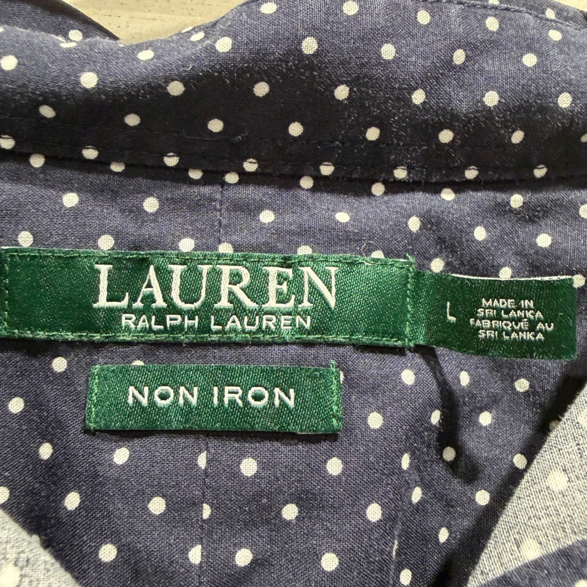 Lauren Ralph Lauren Non Iron Button Down Shirt Women L Navy Polka Dot Cotton2