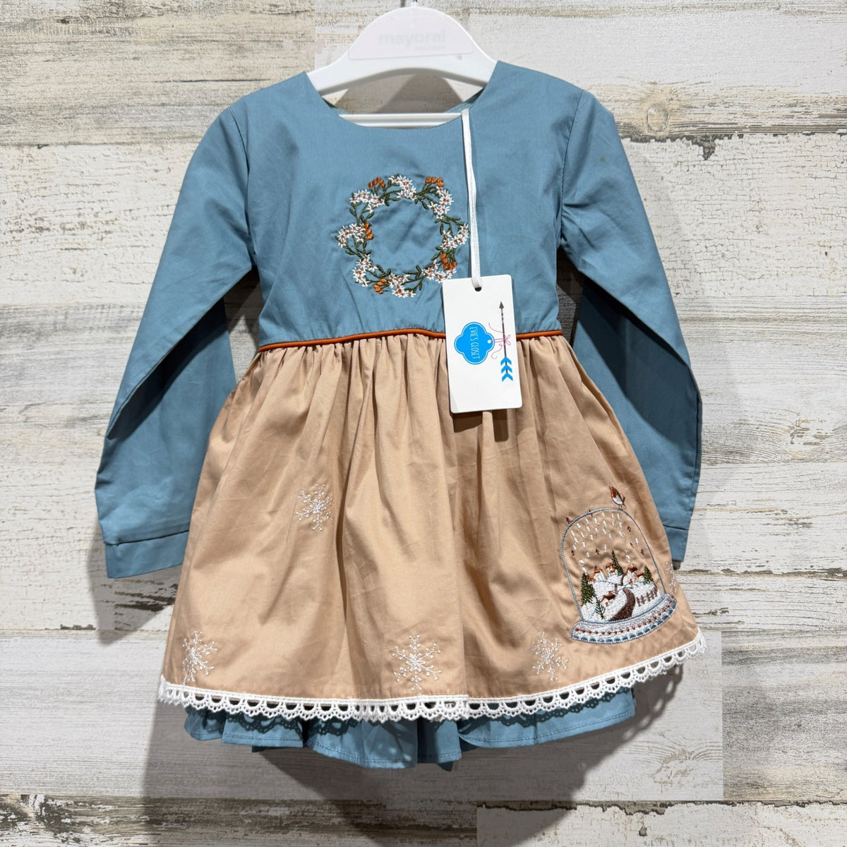 Evie's Closet Dress Girls 12m Blue Tan Embroidered Snowglobe Winter NWT *Flawed0