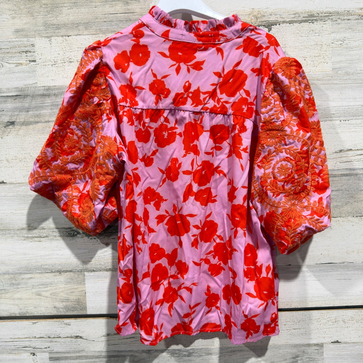 Gaudie Floral Blouse Women Large Pink Red Embroidered Puff Sleeve Boho EUC5