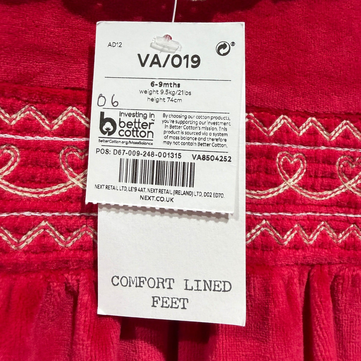 Next Footed Sleepsuit Baby Girls 6-9M Red Smocked Heart Velour Holiday NWT1