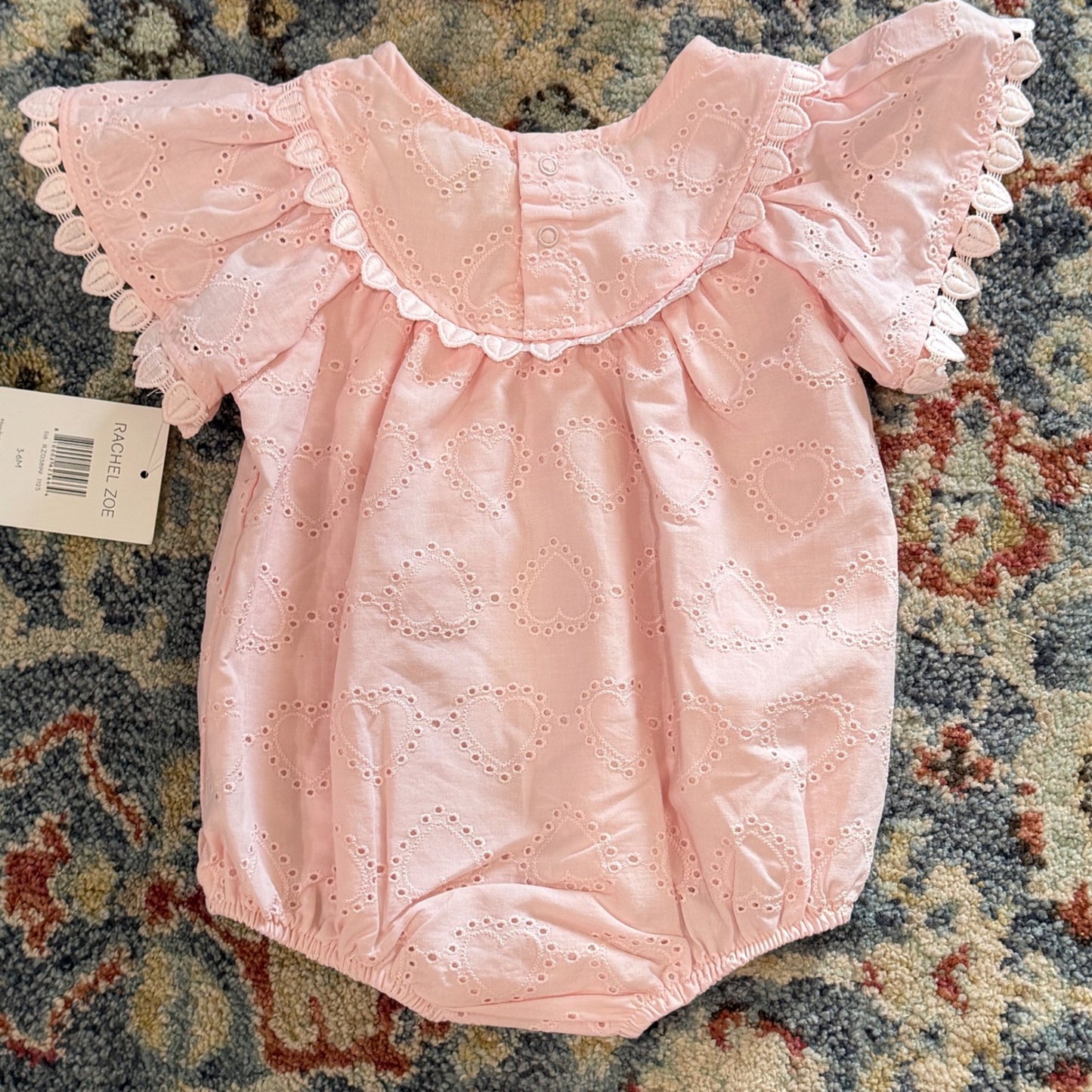 Rachel Zoe Romper Set Girls 3-6M Pink Heart Eyelet Bow Coquette NWT1