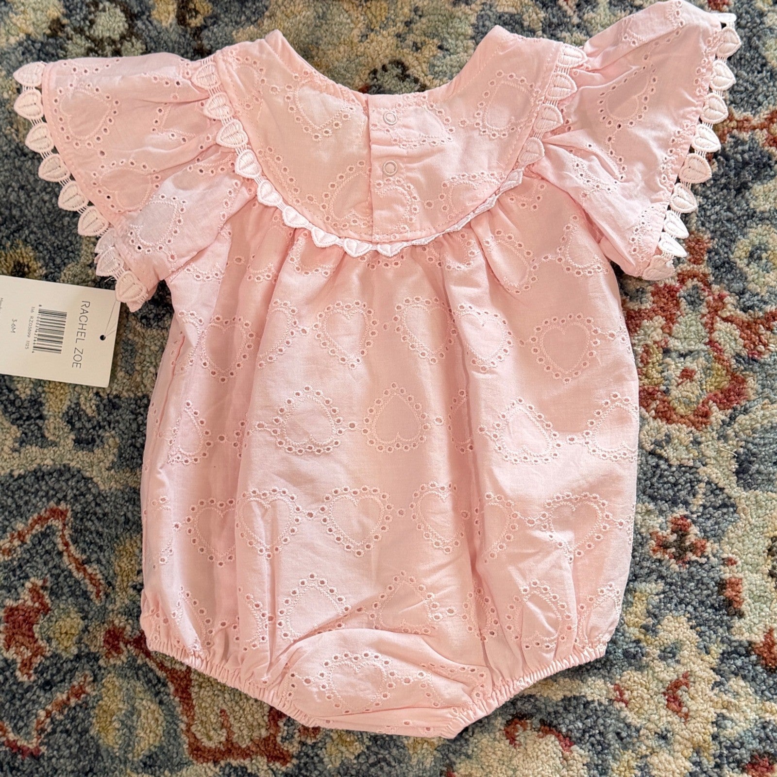 Rachel Zoe Romper Set Girls 3-6M Pink Heart Eyelet Bow Coquette NWT1