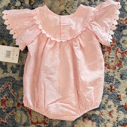 Rachel Zoe Romper Set Girls 3-6M Pink Heart Eyelet Bow Coquette NWT1