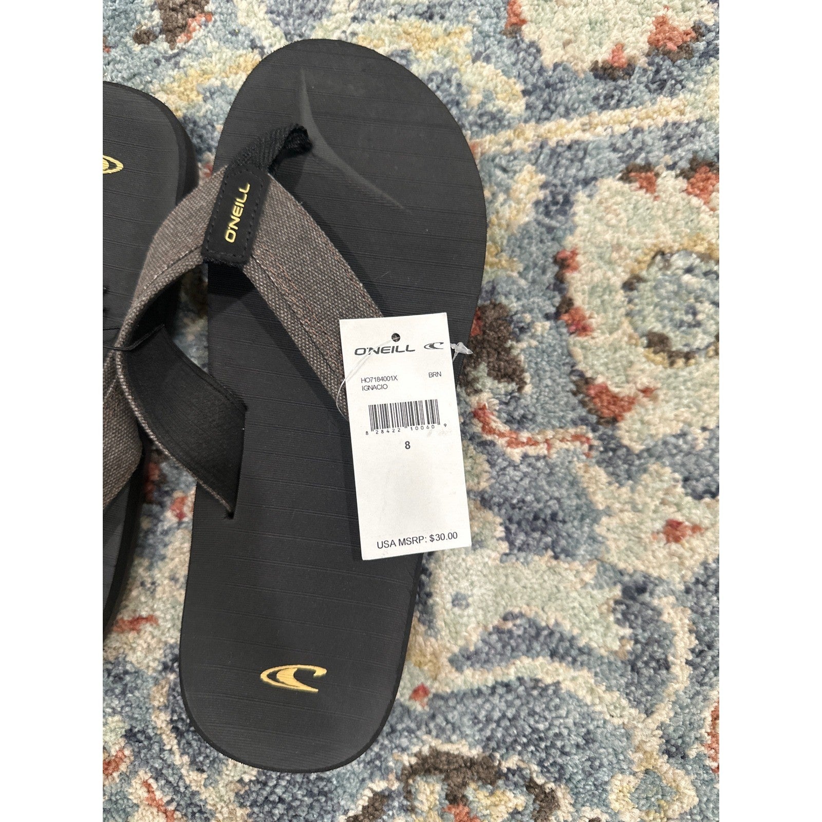 O'Neill Flip Flops Men Size 8 Black Grey Fabric Strap Beach Sandals NWT2