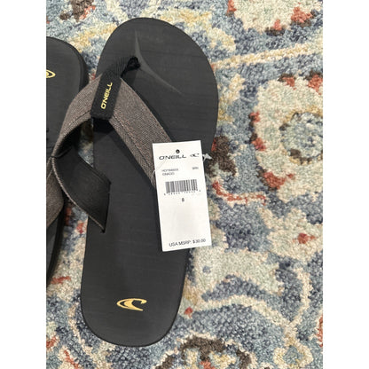 O'Neill Flip Flops Men Size 8 Black Grey Fabric Strap Beach Sandals NWT2