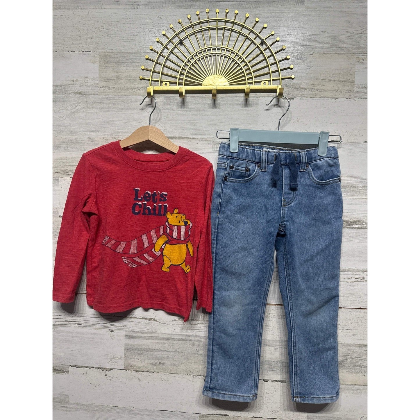 Lucky Brand Outfit Set Boys 4T Red Blue Winnie Pooh Jeans Shirt EUC0