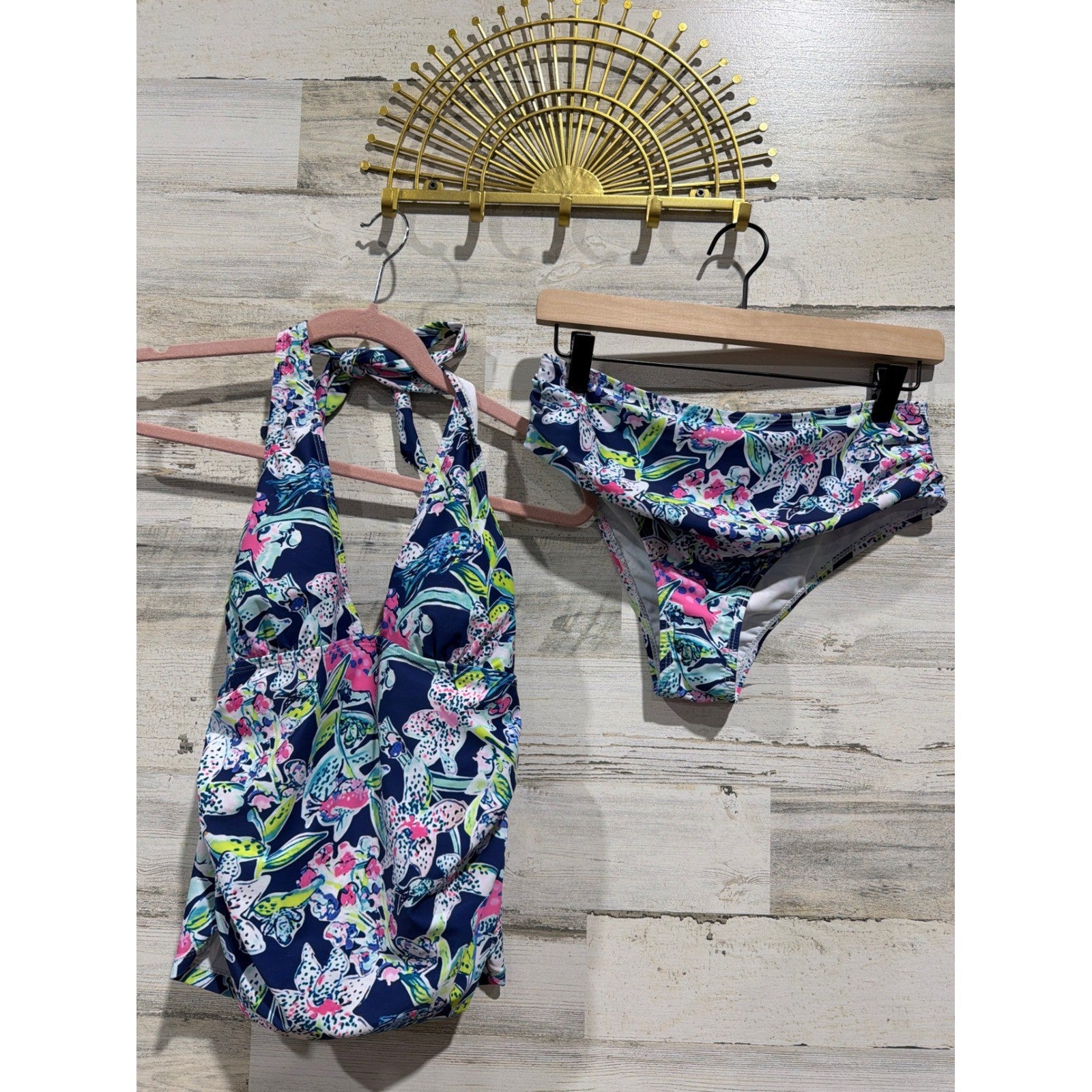 Boutique Tankini Swimsuit Women Medium Blue Floral Halter Tropical Preppy EUC0