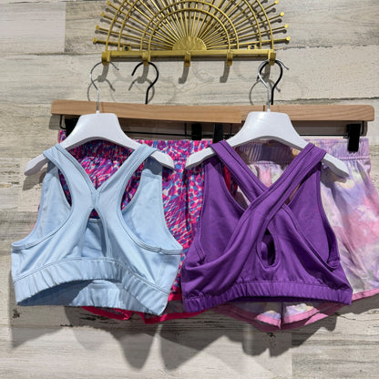 BCG Activewear Set Shorts Sports Bras Girls L 12-14 Purple Pink Pattern Modern3