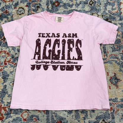 Comfort Colors Tee Girls M Pink Texas A&M Aggies Graphic Gameday EUC0