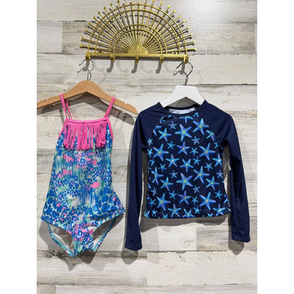 Swim Bundle George Lands End Rash Guard Girls 4 Blue Pink Fringe Starfish EUC0