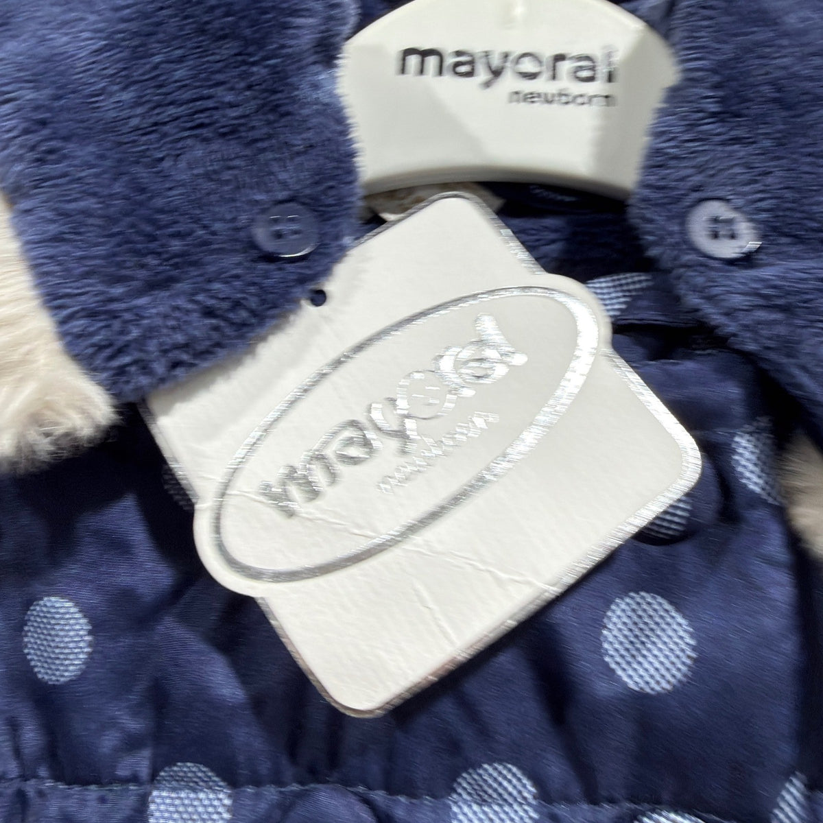 Mayoral Puffer Jacket Girls 2-4M Navy Blue Polka Dot Faux Fur Hood NWT1