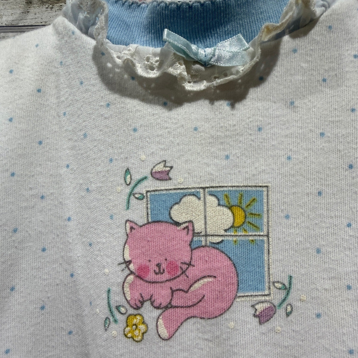 Vintage Kitten Graphic 3pc Outfit Set Girls 6-9 Months Blue Pink Cotton Flawed*2