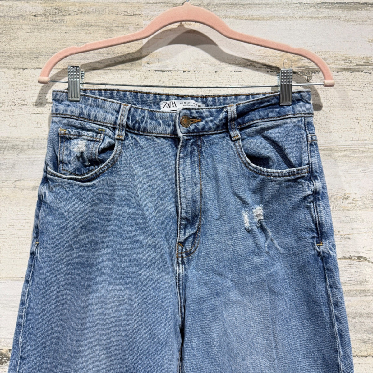 Zara Mom Jeans Women 8 Blue Distressed High Rise Tapered 90s EUC1