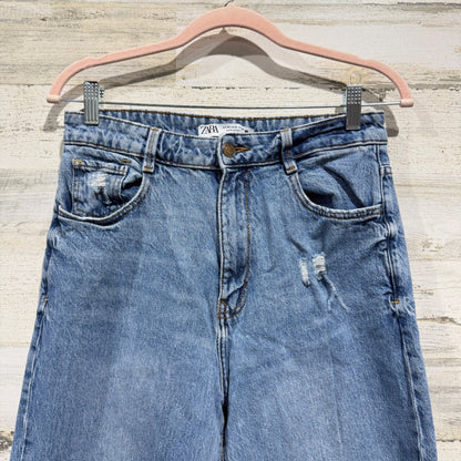 Zara Mom Jeans Women 8 Blue Distressed High Rise Tapered 90s EUC1