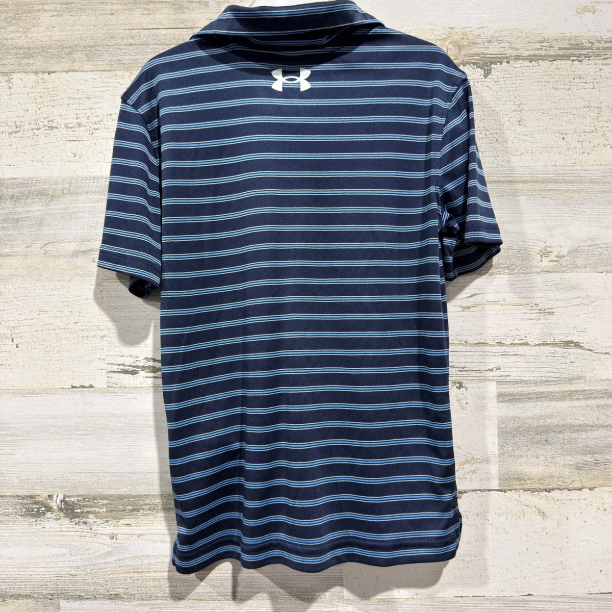 Under Armour Polo Shirt Boys Size 7 Navy Blue Striped Activewear Sporty EUC3