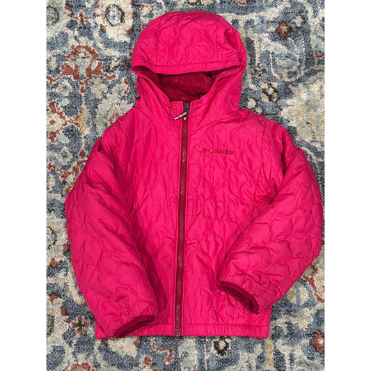 Columbia Hooded Puffer Jacket Girls XS Pink Quilted Fleece Lined EUC0