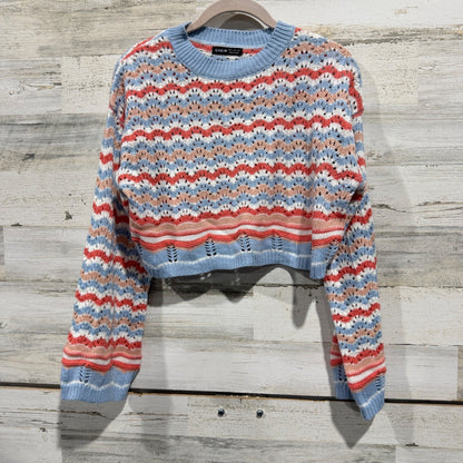 Chevron Pointelle Knit Sweater Women S Blue Multi Acrylic Boho EUC1