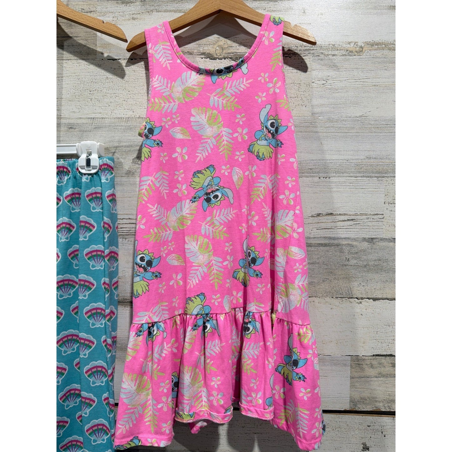 Disney Pajamas Dress Girls 7/8 Teal Pink Ariel Stitch Mermaidcore EUC3